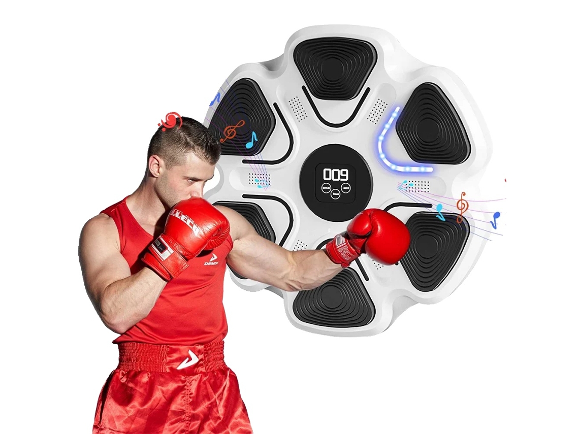 Máquina de boxeo musical inteligente, calidad de sonido mejorada, sensibilidad ajustable, color blanco con guantes