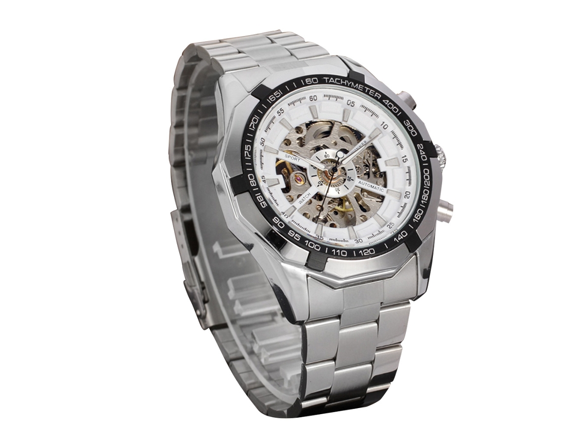 Reloj Mecánico Automático Para Hombre Con Caja Hueca, Resistente Al Agua, Brazalete De Acero Inoxidable (blanco)