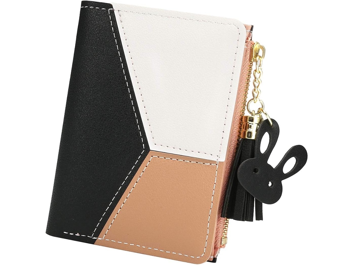 Cartera corta con colgante de corazón de metal - Tarjetero y monedero delgado de piel sintética - Negro