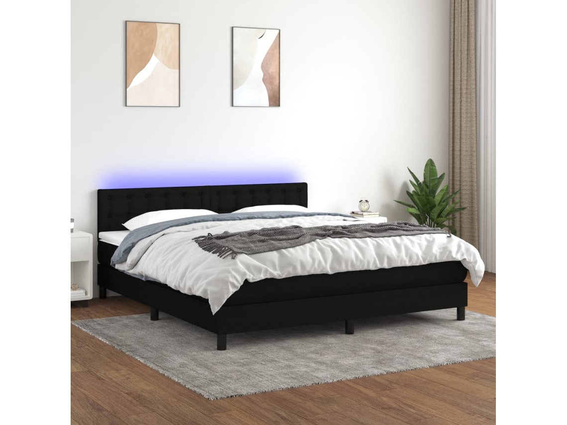 Cama Box Spring Colchón Y Luces Led Tela Negro 160x200 Cm