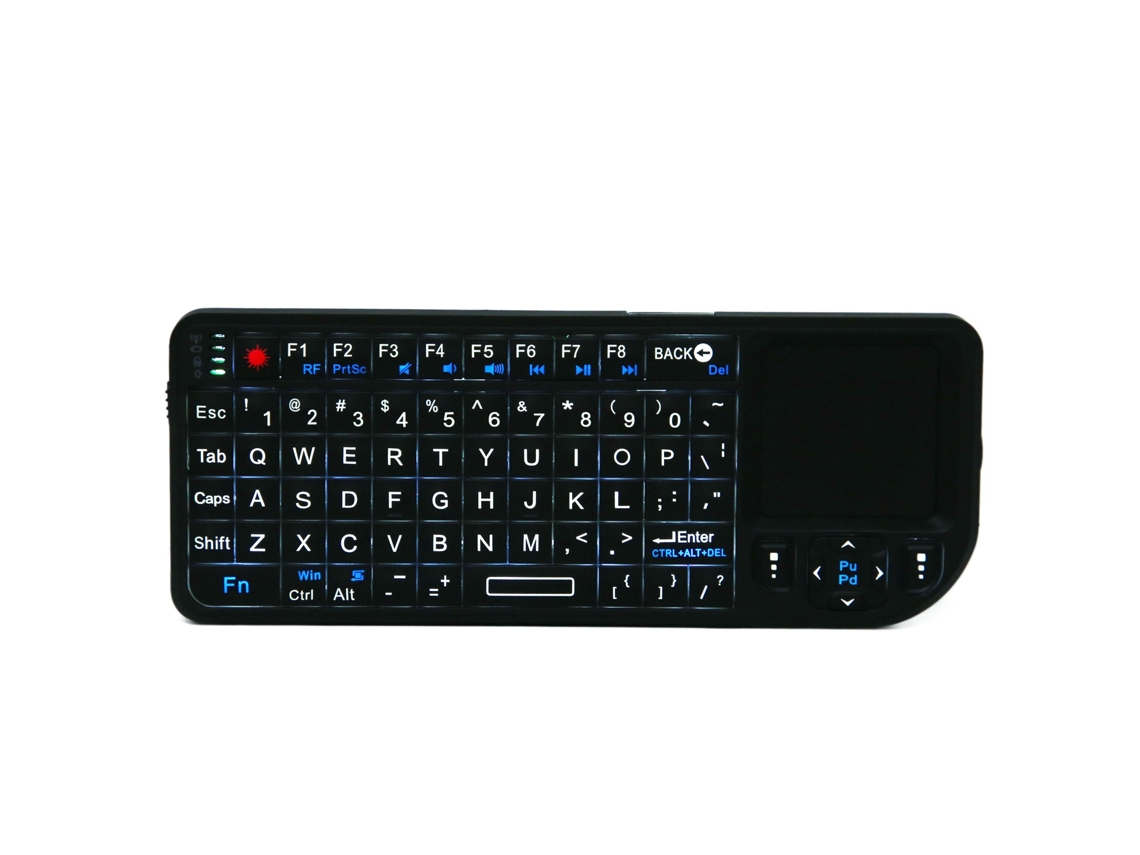 Mini teclado inalámbrico 2.4G con retroiluminación, panel táctil y batería recargable integrada.