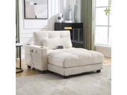 Sillón reclinable de terciopelo a rayas, respaldo y reposacabezas ajustables, reposabrazos intercambiables, 2 portavasos, puerto USB, bolsillo lateral, color beige.