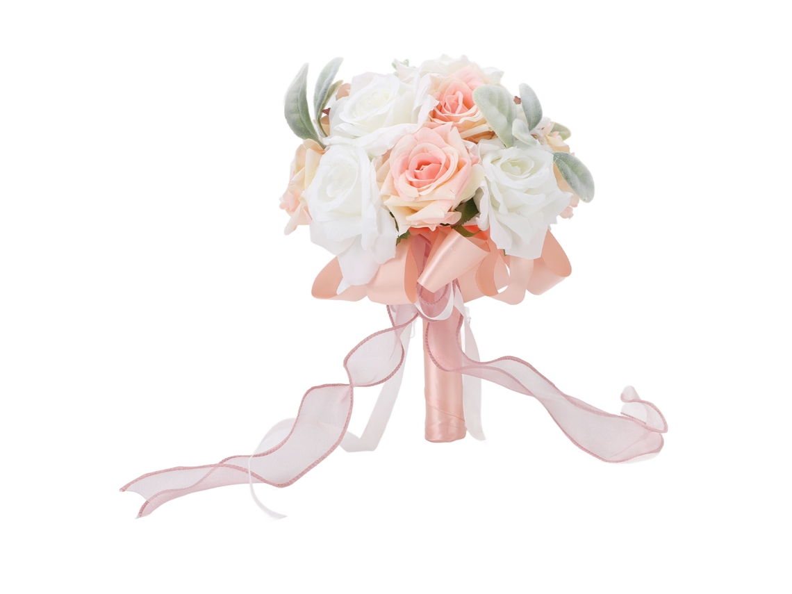 Ramo De Novia Artificial Rosa Pálido Con Cinta De Satén Para La Decoración De La Boda De La Novia Y Las Damas De Honor.