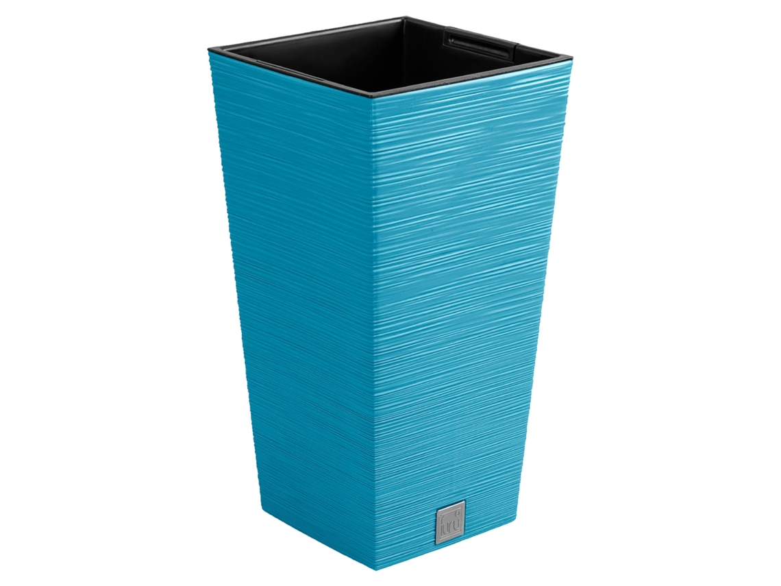 Maceta azul con depósito, 34,5 x 34,5 x 66 cm, capacidad de 24 litros.