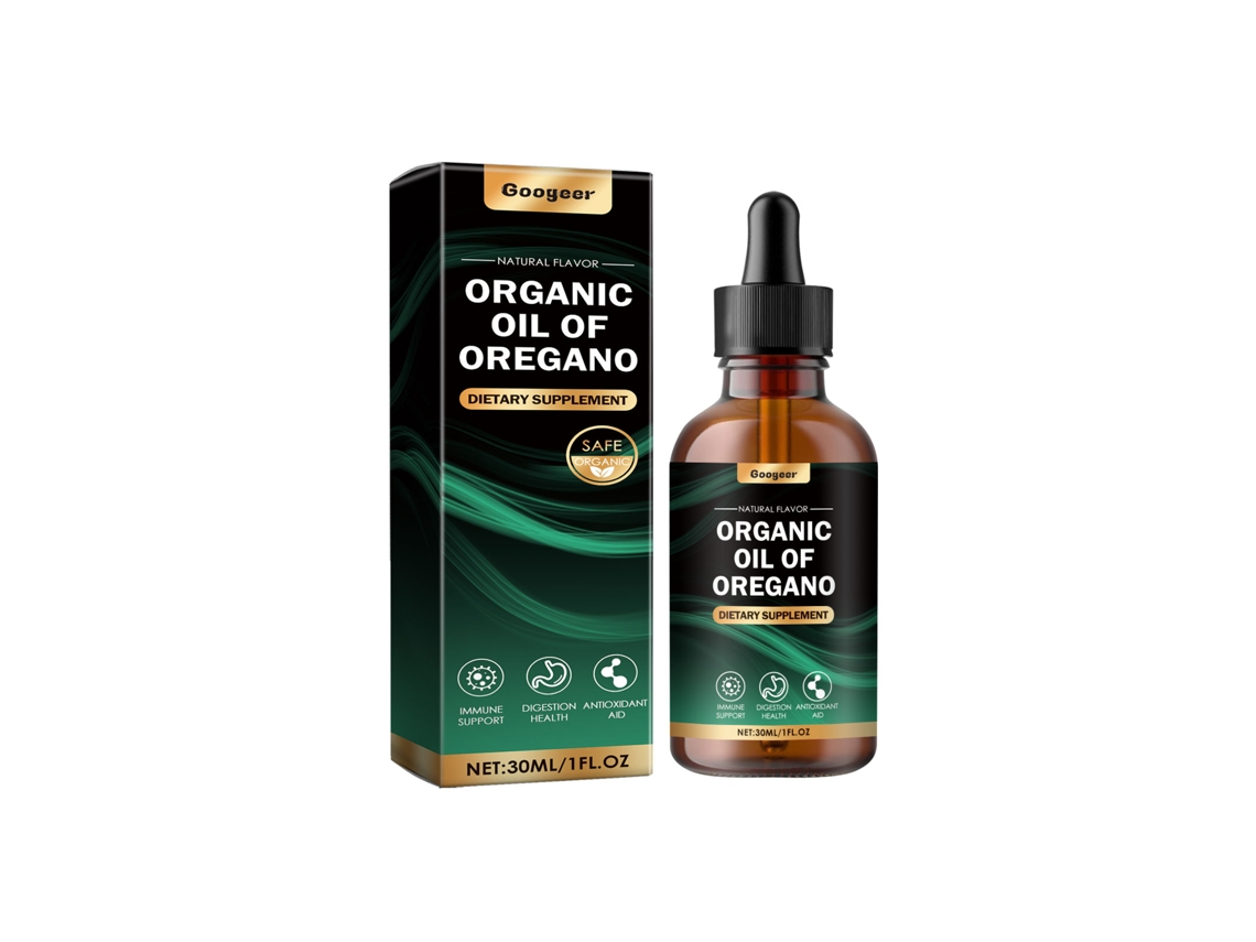 Gotas de aceite de orégano orgánico para uso oral.