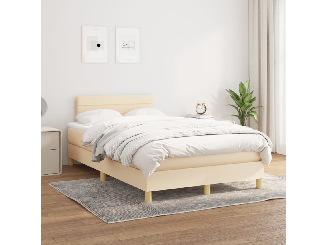 Cama Box Spring Con Colchón Tela Color Crema 120x200 Cm