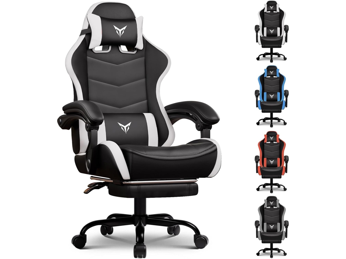Silla gaming GT Player, silla ergonómica de oficina con reposapiés y respaldo ajustable, sillón gaming, color blanco