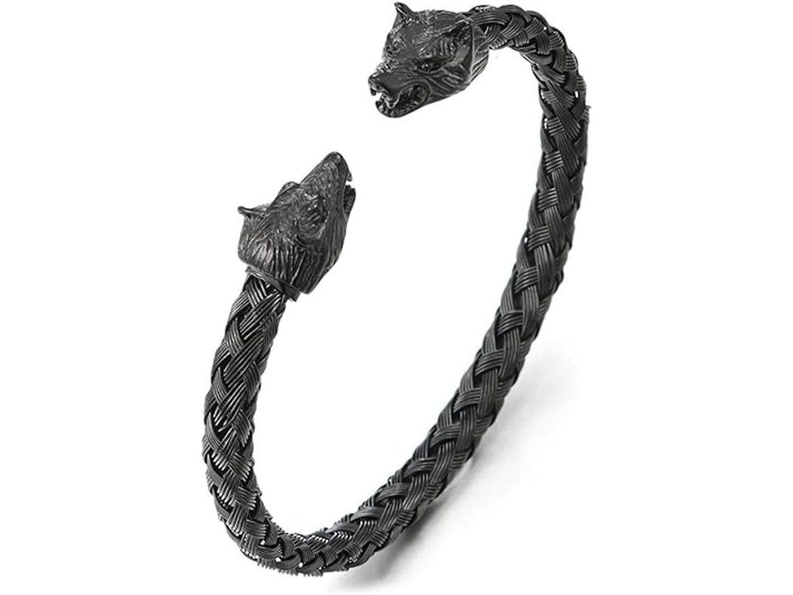 Pulsera De Acero Inoxidable Trenzado Pulido Con Cabeza De Lobo, Ajustable, Vikinga, Mitología Nórdica, Regalo Ideal.