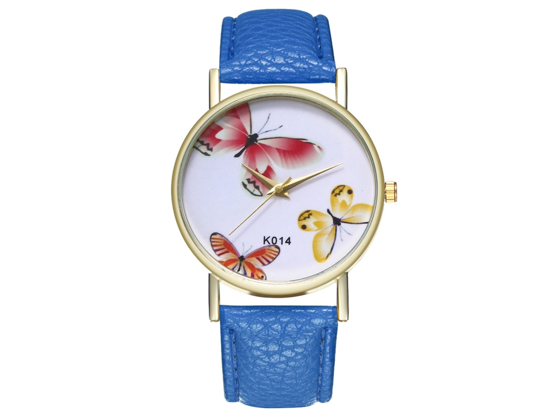 Reloj De Pulsera De Cuarzo Para Mujer Zhoulianfa, Correa De Pu, Esfera Redonda, Diseño De Mariposa, Azul.