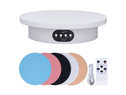 Base giratoria de 360°, alimentación por USB/pilas, velocidad ajustable, mando a distancia de 7,9 pulgadas.