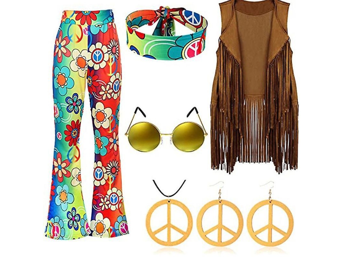 2026-traje Retro Hippie 70s Con Chaleco De Flecos, Pantalones Y Bufanda Para Mujer Fiesta Disfraz Vintage