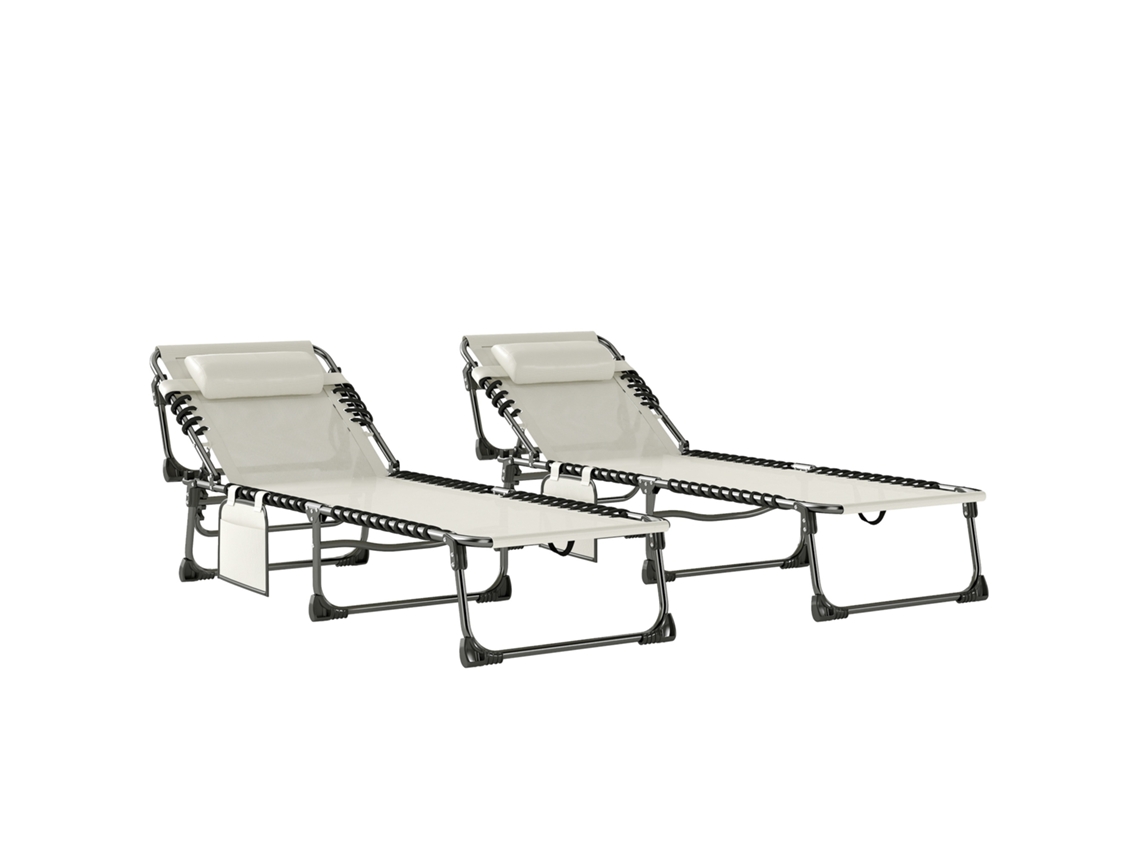Juego De 2 Tumbonas Plegables Con Reposacabezas, Bolsillo Lateral, 5 Posiciones, Blanco/crema
