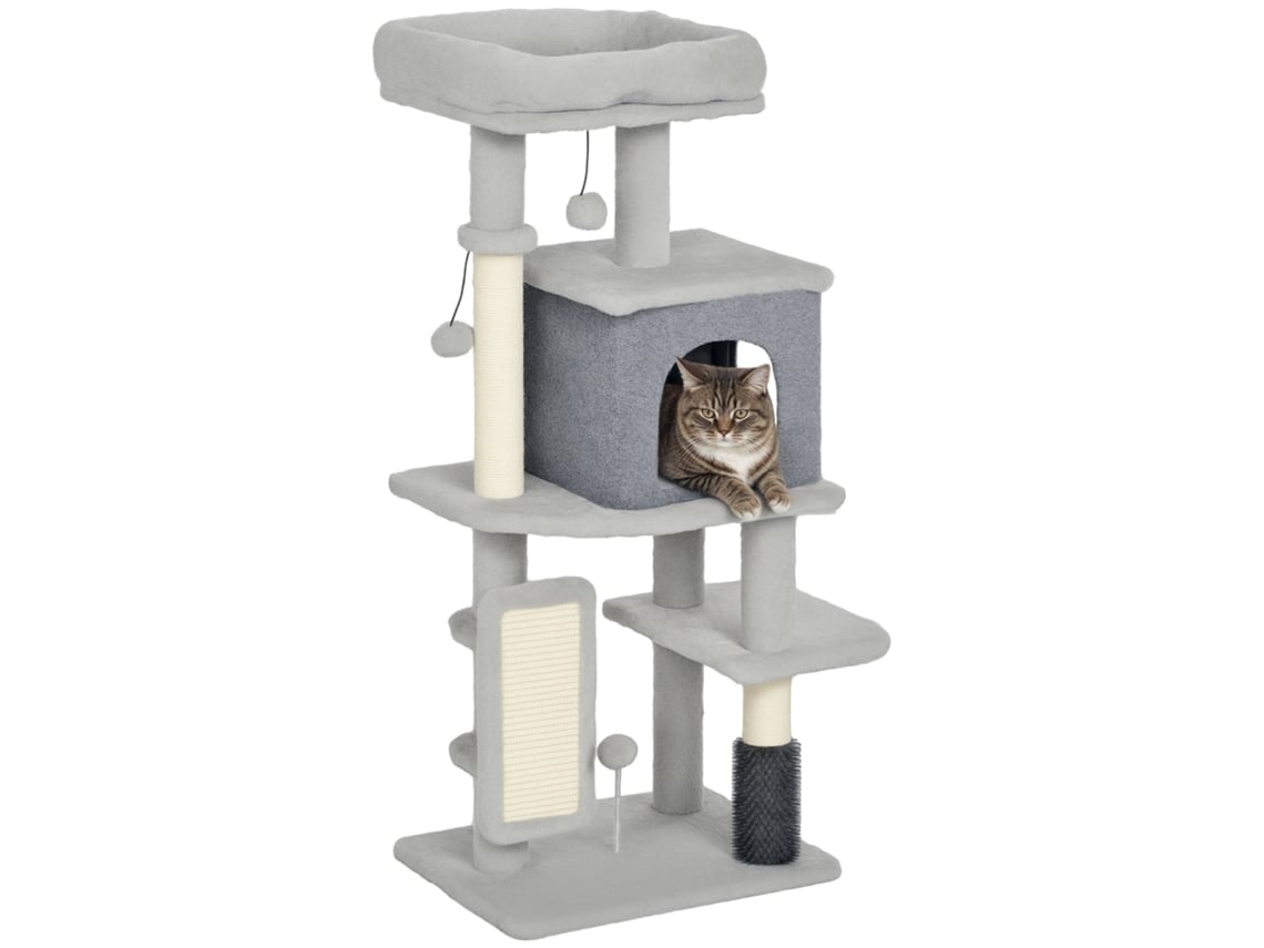 Rascador Para Gatos De 104 Cm Con Cepillo, Bolas Y Almohadilla Gris.
