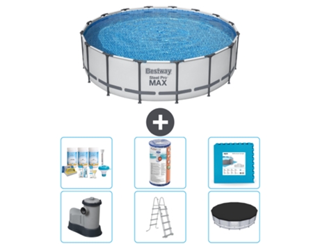 Piscina BESTWAY Round Steel Pro MAX - 488 x 122 cm - Gris - Bomba incluida - Escalera - Cobertor Paquete de mantenimiento - Filtrar - Baldosas
