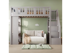 Cama Alta 90x200 Cm - Escalera Almacenamiento, Múltiples Compartimentos, Madera - Gris