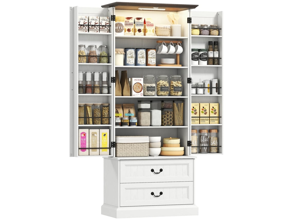 Aparador Alto De Cocina, Mueble De Cocina, Iluminación Led Con Sensor, 2 Puertas, Cajones Y Estantes Ajustables, 76 X 39,5 X 183 Cm, Blanco