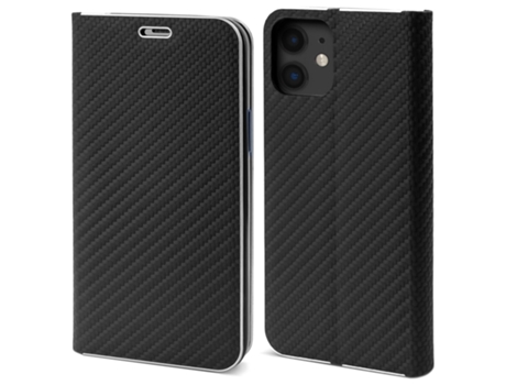 Funda tipo cartera MOOZY para iPhone 12 / iPhone 12 Pro en carbono negro - Protección de borde metálico con cierre magnético y soporte para tarjeta...