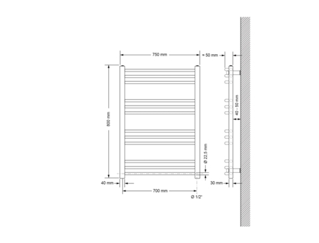 Radiador eléctrico de baño con elemento calefactor 600W 750x800 mm curvo blanco con conexión lateral LUXEBATH