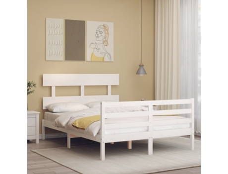 VIDAXL Cama doble blanca de madera maciza con cabecero (Madera - 135 x 190 cm)
