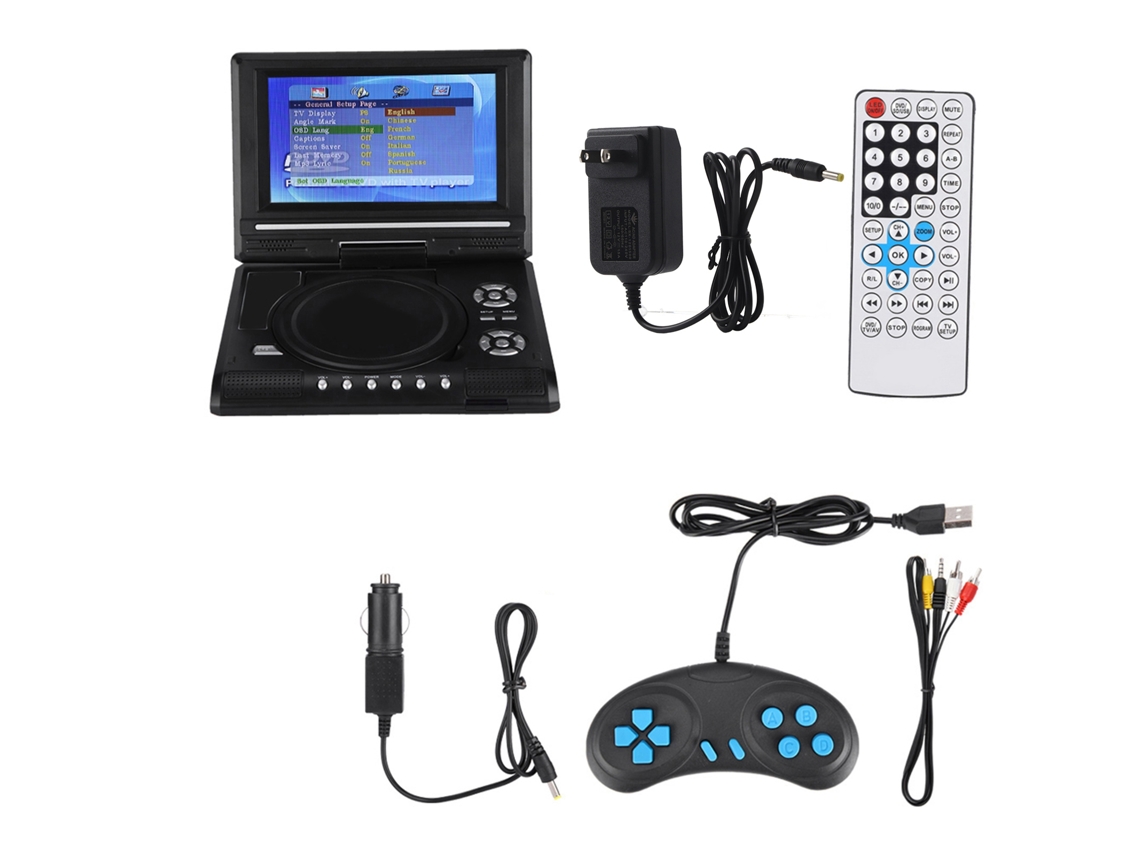 Reproductor De Dvd Portátil De 7 Pulgadas Con Pantalla Giratoria, Batería Recargable, Mando A Distancia Y Controlador De Juegos Para Coche.