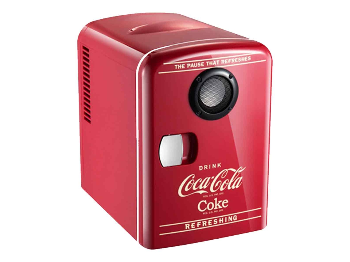 Mini refrigerador/calentador termoeléctrico portátil Coca-Cola de 12 V (4 litros/6 latas) con altavoz Bluetooth Jortmrd