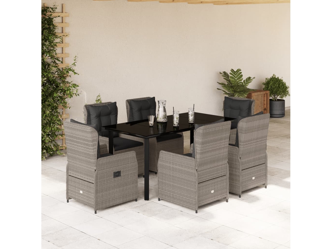 Juego de comedor de jardín de 7 piezas con cojines de mimbre gris claro DKD Home Decor