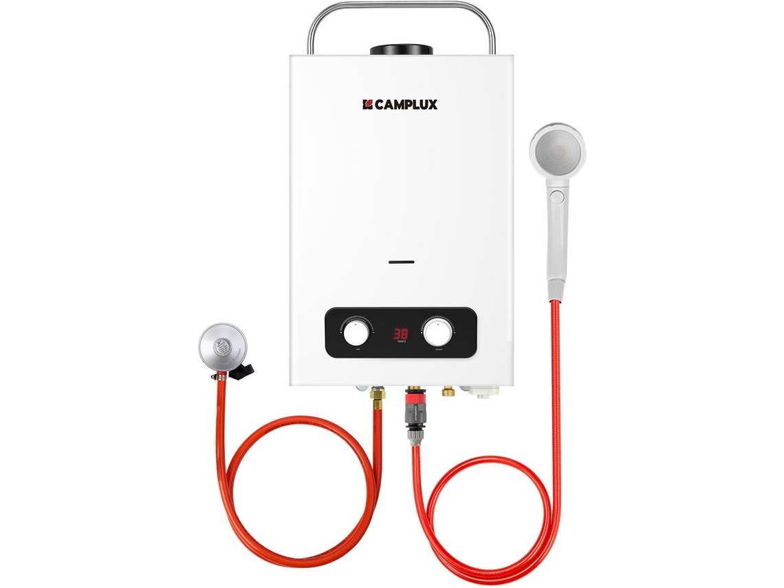 CAMPLUX BD158 Calentador de Gas Instantáneo con Mango, 6 Litros, Butano (28-30 mbar), Propano (37 mbar), para Ducha de Camping, Caravana