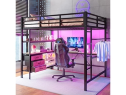 Cama Alta Metálica De 140 X 200 Cm Con Iluminación Led, Escritorio, Puertos Usb, Cajones, Estantes Y Escalera. Colchón No Incluido. Color Negro.
