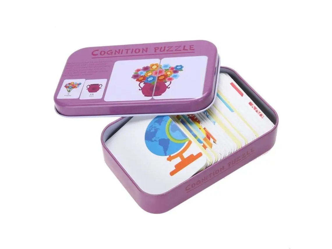 Juguete de rompecabezas cognitivo para niños pequeños, juego de emparejamiento de cartas en caja de hojalata Mdug