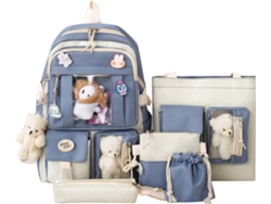 Conjunto de mochila Giro de 5 piezas, 43 cm, con broches y colgantes: mochila de hombro, estuche, bolso de mano y bolso pequeño - Azul - Hexinyigjly