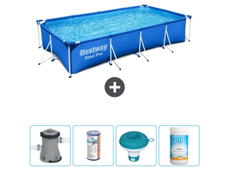 Piscina BESTWAY Rectangular Steel Pro - 400 x 211 x 81 cm - Azul - Bomba incluida Filtrar - flotador de cloro - Cloro
