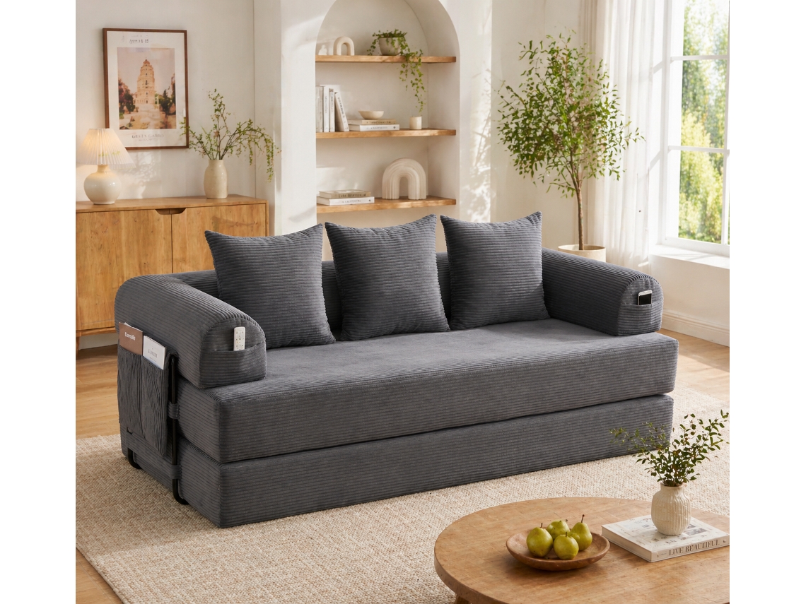 Sofá Cama Plegable Metálico Con Cojines Gris Oscuro