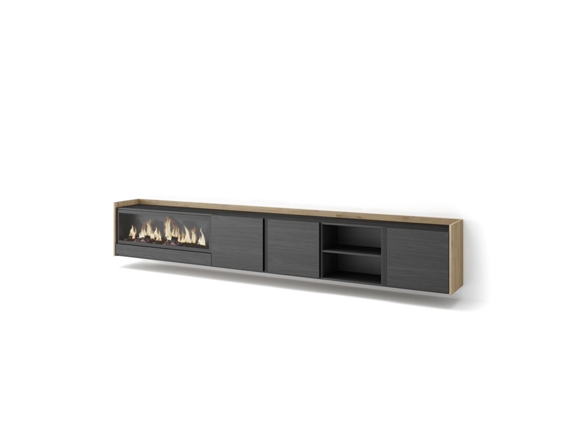 Mueble Tv, Televisión, 315x35x50cm, Para Tv Hasta 80", Chimenea Eléctrica Xxl, Colgado, Suspendido, Negro Y Roble