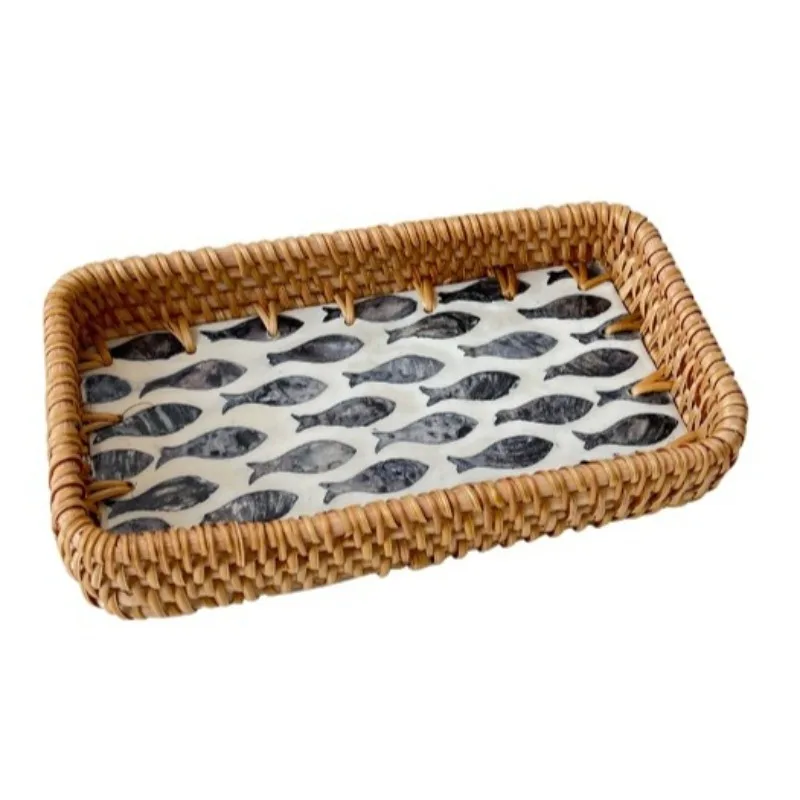 (pez Gris Mediano - 22 X 22 X 4 Cm) Bandeja De Almacenamiento De Ratán, Bandeja Decorativa Para Frutas