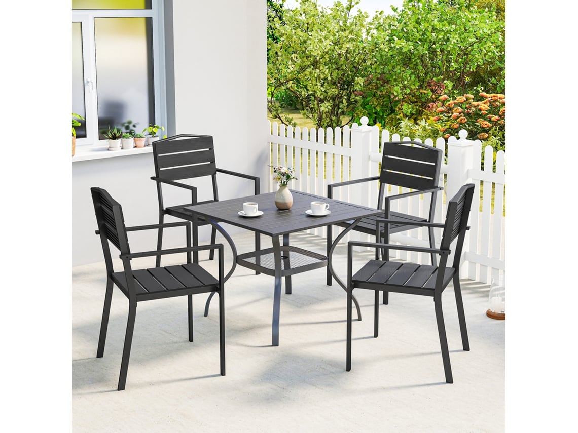 Conjunto De 4 Cadeiras De Jardim Empilháveis Para Uso Externo, Com Apoios De Braço, Encosto E Assento, Estrutura Metálica, 52x51x90 Cm, Pretas.
