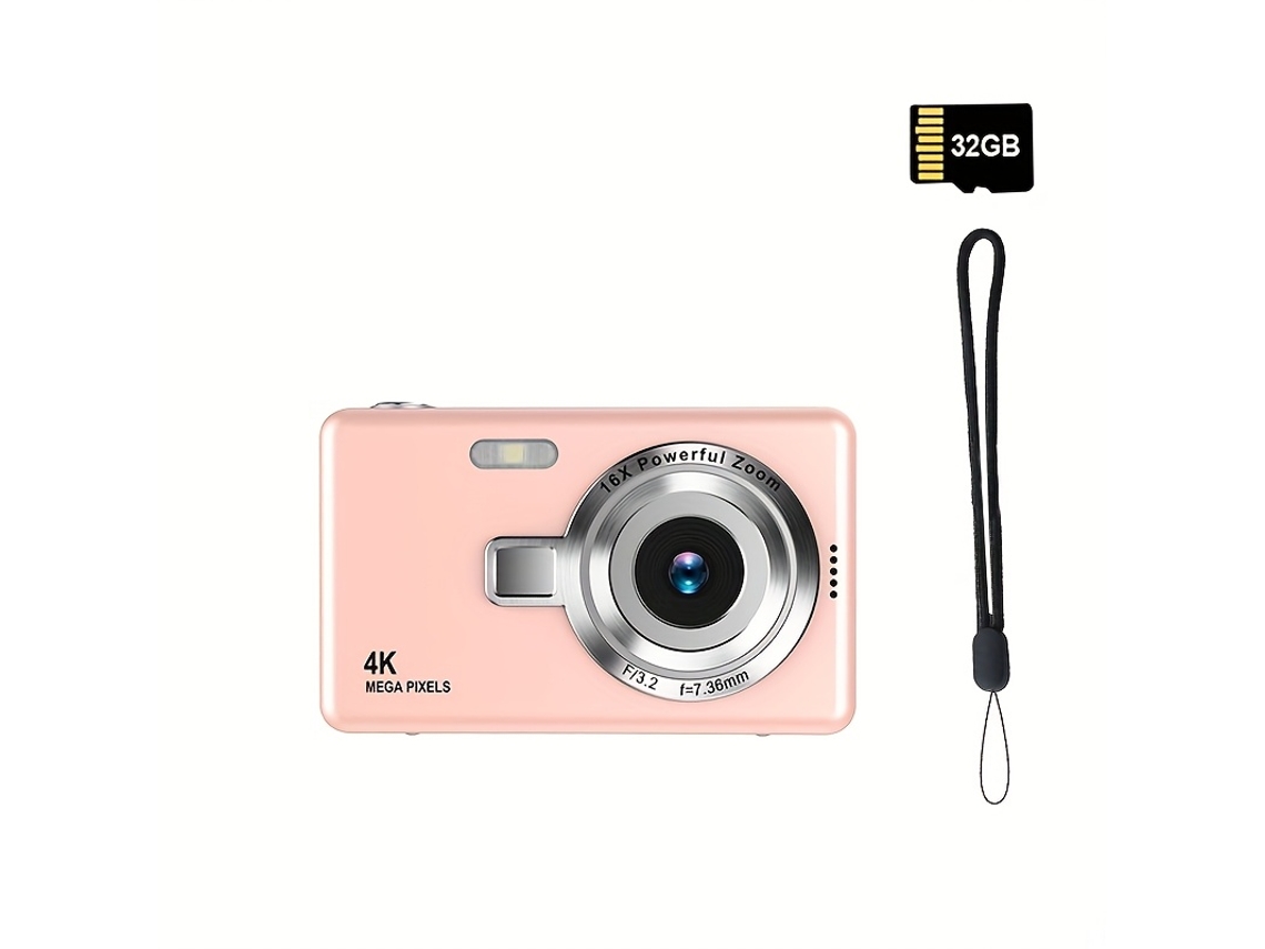 Cámara digital portátil 4K HD con enfoque automático, tarjeta de memoria de 32 GB y luz de relleno Cuich (rosa)