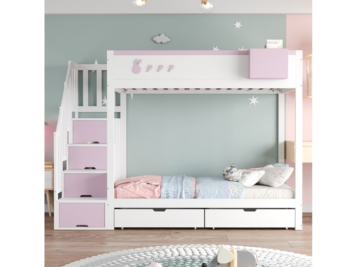 Litera Infantil 90x200 Cm - Motivos De Conejo Y Zanahorias, Estante Extraíble, Escalera Segura, Con Cajones - Blanco + Rosa