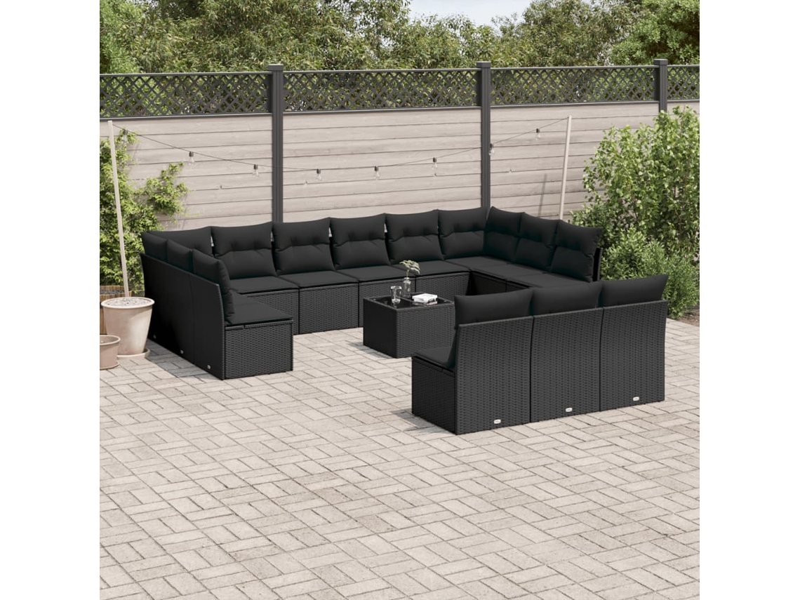 Conjunto de sofá de jardín de 14 piezas con cojines, ratán negro, Dkd Home Decor