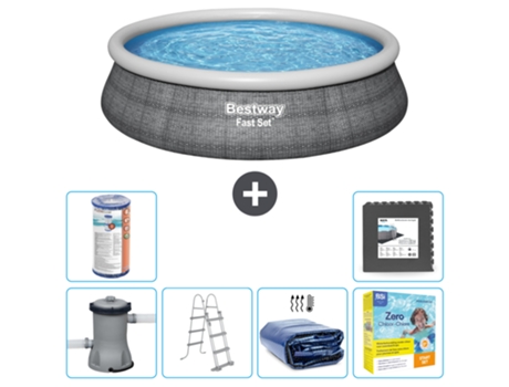Piscina Hinchable Redonda Fast Set BESTWAY - Estampado Ratán - 457 x 107 cm - Incluida Bomba - Escalera Accesorios CB27