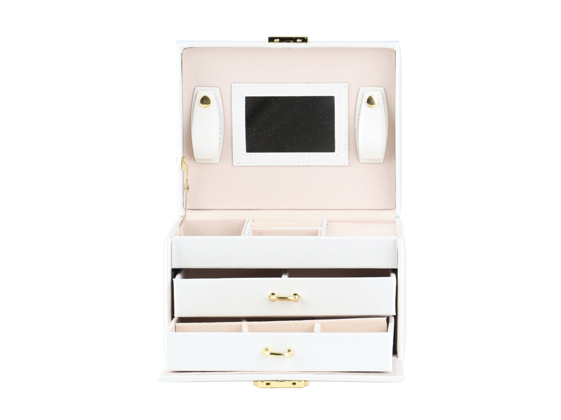 Organizador De Joyas De 3 Niveles, De Piel Sintética, Estuche De Almacenamiento Con Espejo Blanco.