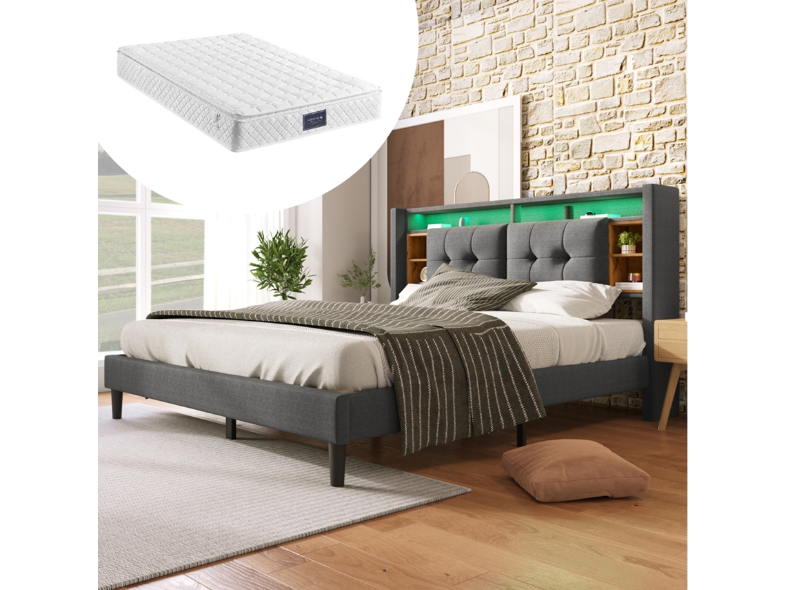 Cama Tapizada Cama Doble Cama De Almacenamiento Cabecera Cama Con Carga Usb E Iluminación Led Estructura De Cama 160200cm Griscon Colchón