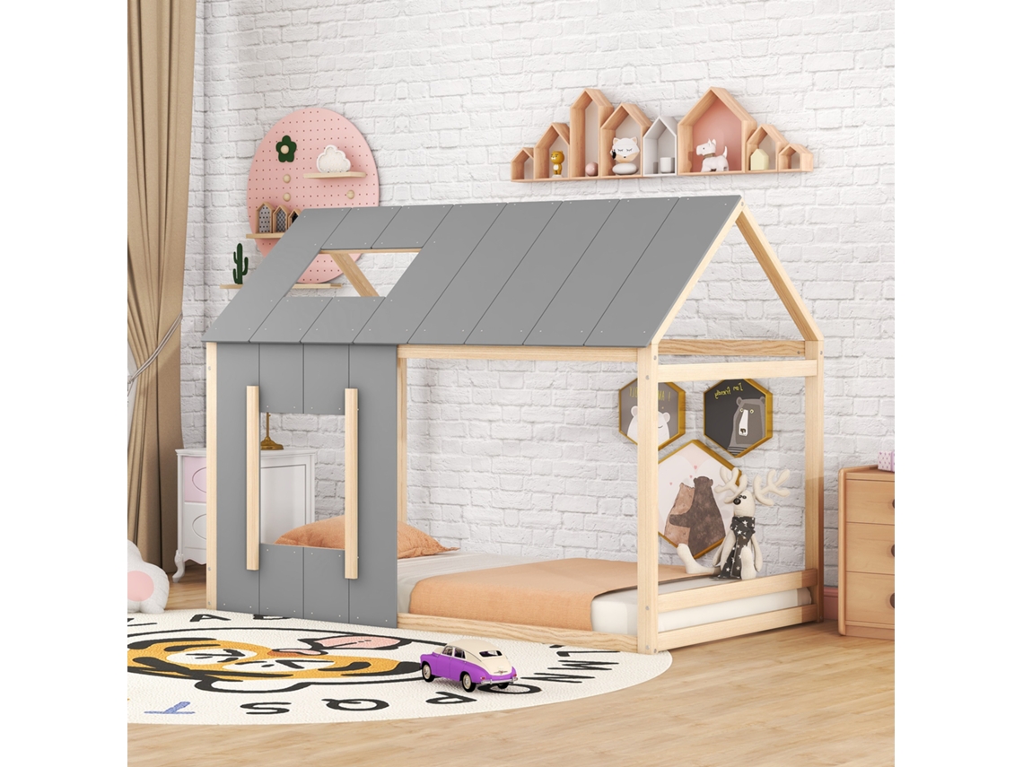 Cama Infantil Con Forma De Cabaña, 90x200 Cm, Con Techo Y Ventana, Estructura De Madera, Diseño Gris Natural, Colchón No Incluido.