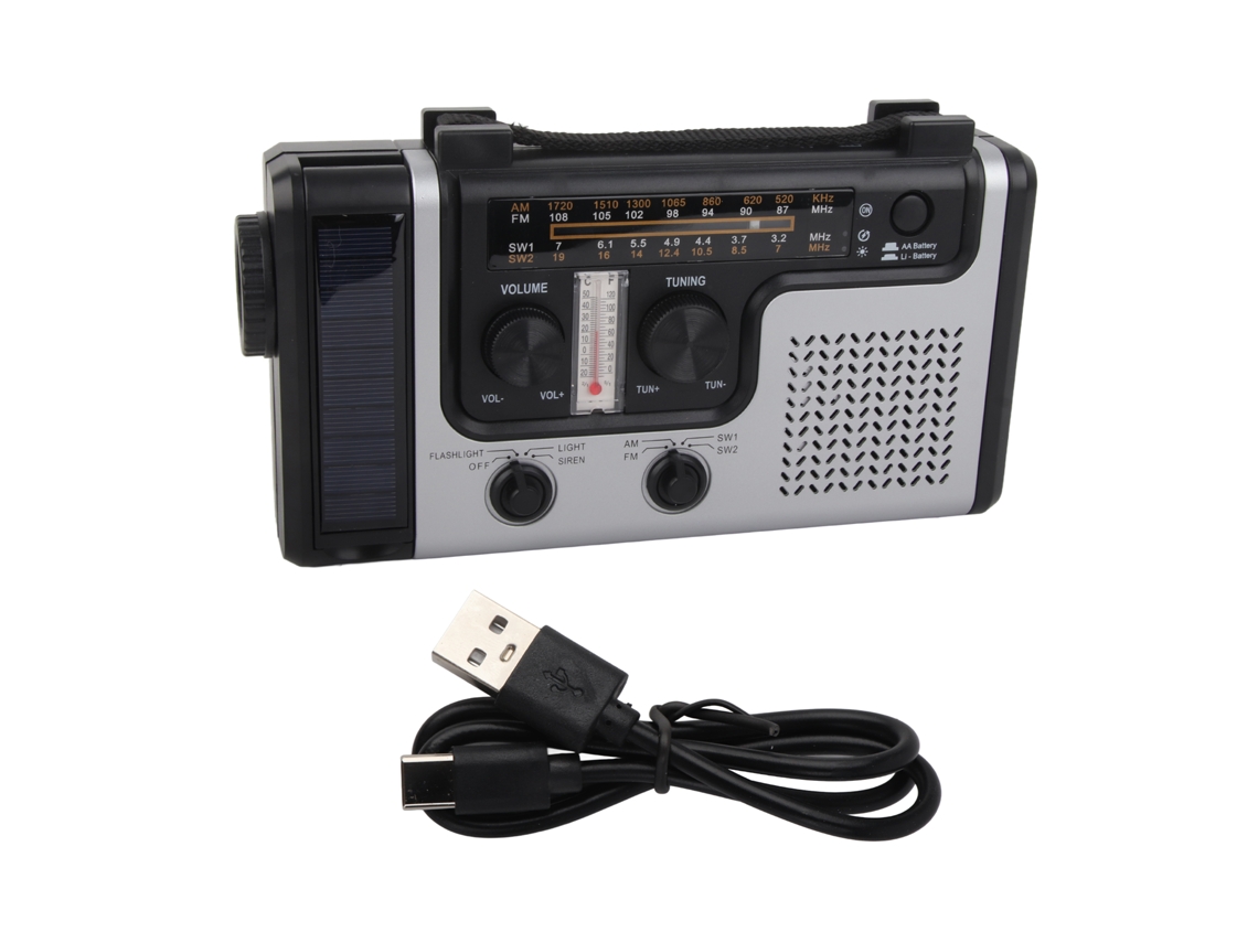 Radio Portátil Solar Multibanda Am/fm/sw Con Manivela, Linterna Led Y Termómetro.