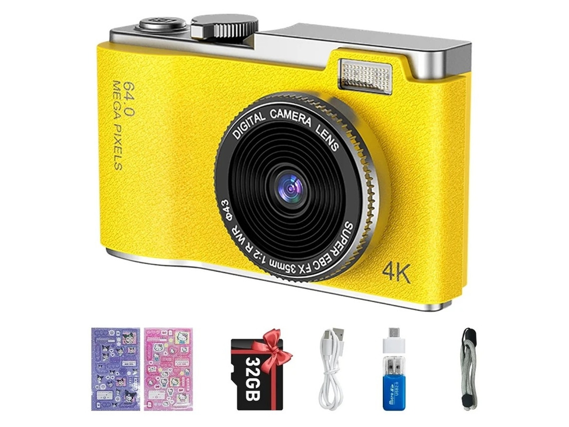 Mini cámara digital compacta 4K HD de tela, 32 g, 24 pulgadas, amarilla, Yizhood