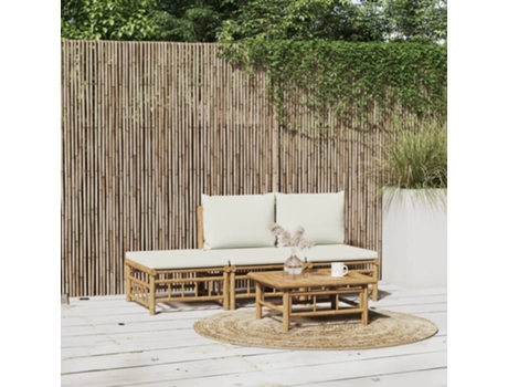 Conjunto 4 de muebles de jardín VIDAXL bambú y cojines blanco crema