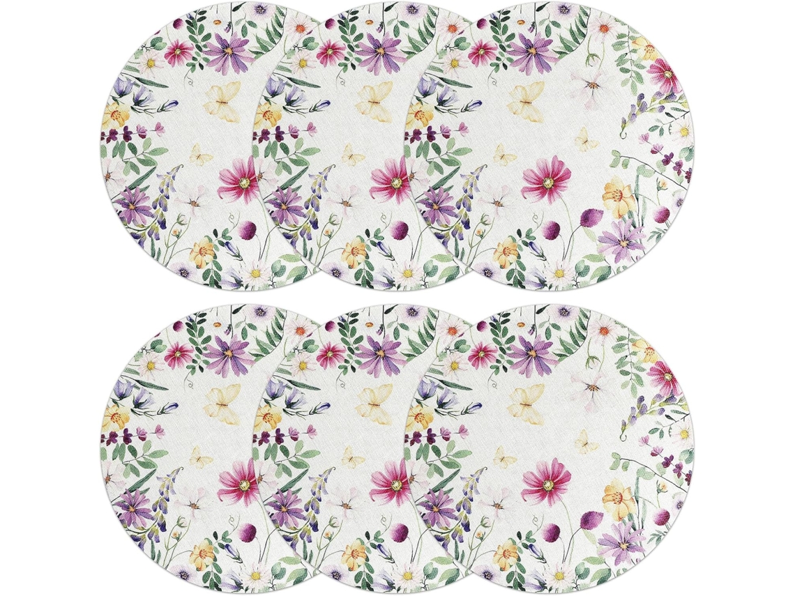 Juego De 6 Manteles Individuales Redondos Lavables De Lino Con Estampados Florales, Manteles Individuales Decorativos Versátiles Para