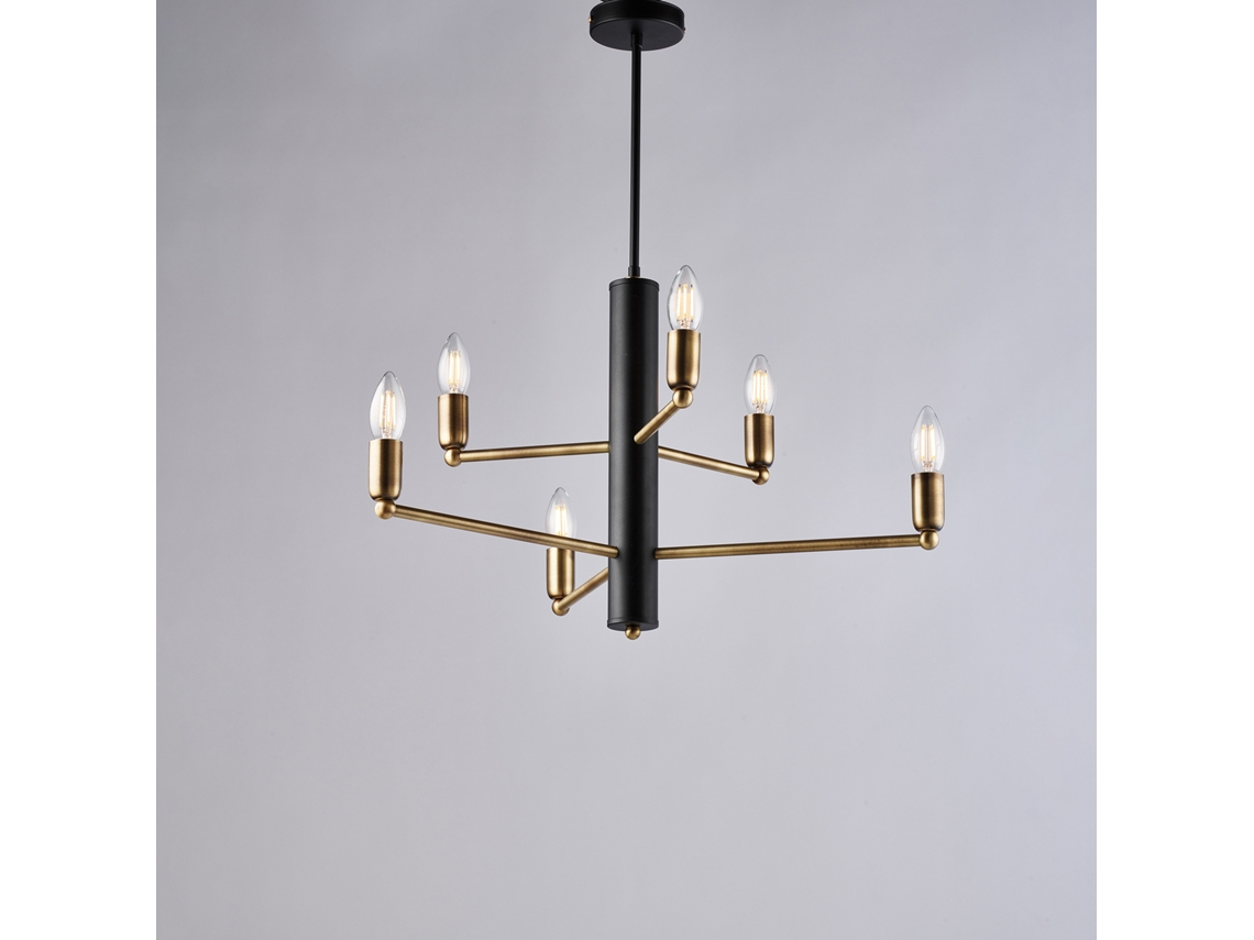 Lámpara colgante Isak de hierro negro con acabado en latón pulido cepillado, 6 luces, H.66, Ø53, Bl311, 6 unidades, Belight