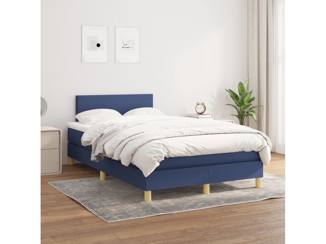 Cama Box Spring Con Colchón Tela Azul 120x200 Cm