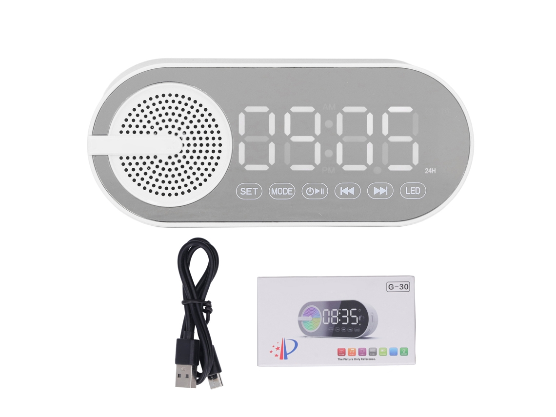 Reloj Espejo Altavoz Bluetooth 5.0 Radio Fm Bajo Potente Luz Color Rechargeable Blanco
