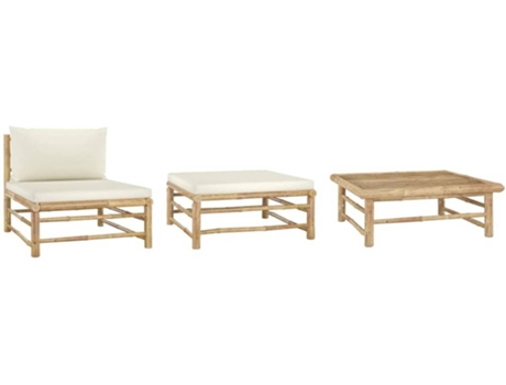 Conjunto 3 de muebles de jardín VIDAXL bambú y cojines blanco crema